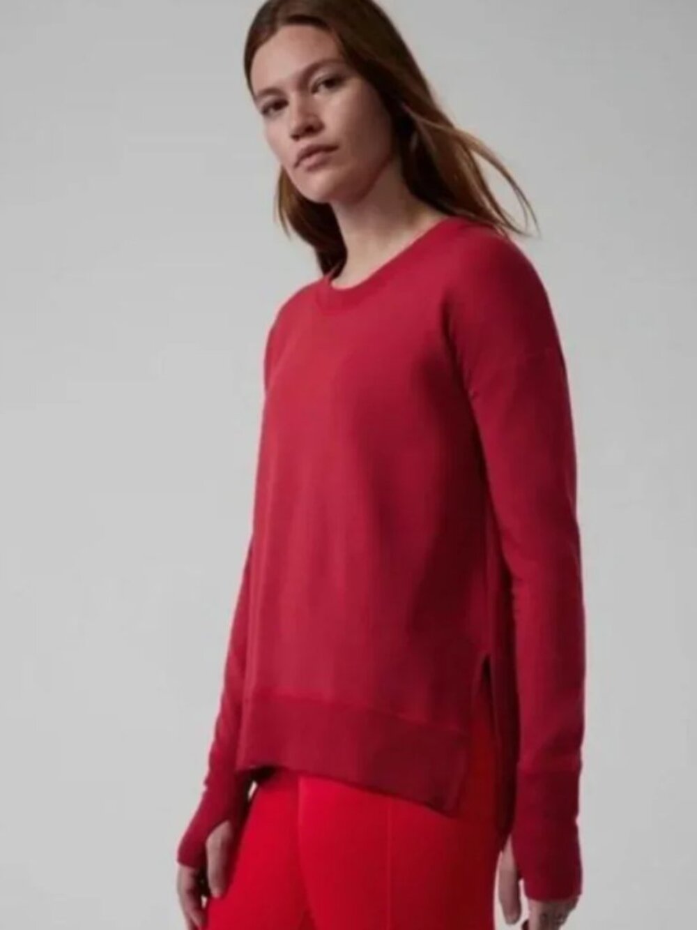 Athleta Coaster Soft Cozy Casual Crewneck Split Hem Red Sweatshirt Size XL
